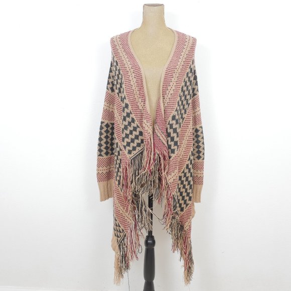 Full Tilt Sweaters - Full Tilt Tan Black Red Boho Print Fringe Uneven Hem Soft Size Small Cardigan